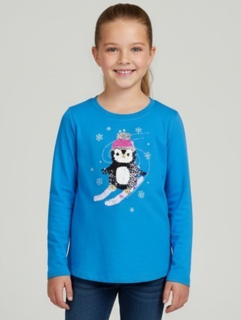 Cat & Jack Blue Long-Sleeve Tee with Penguin Sequin Ski Graphic